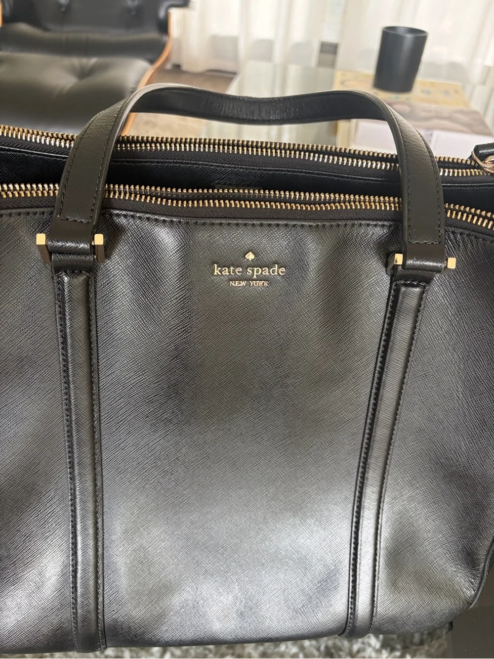 kate spade Black Leather Structured Tote with Gold Hardware